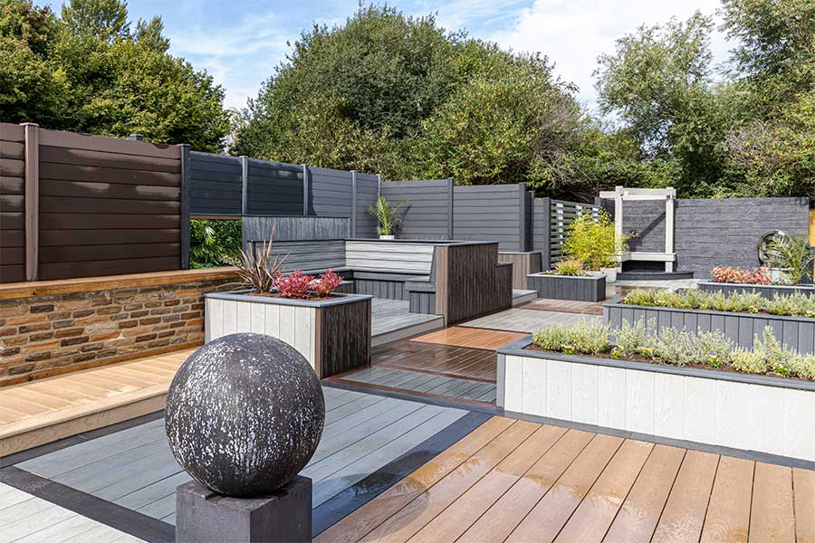 A stunning large garden deck created to display composite decking products at AWBS Oxford